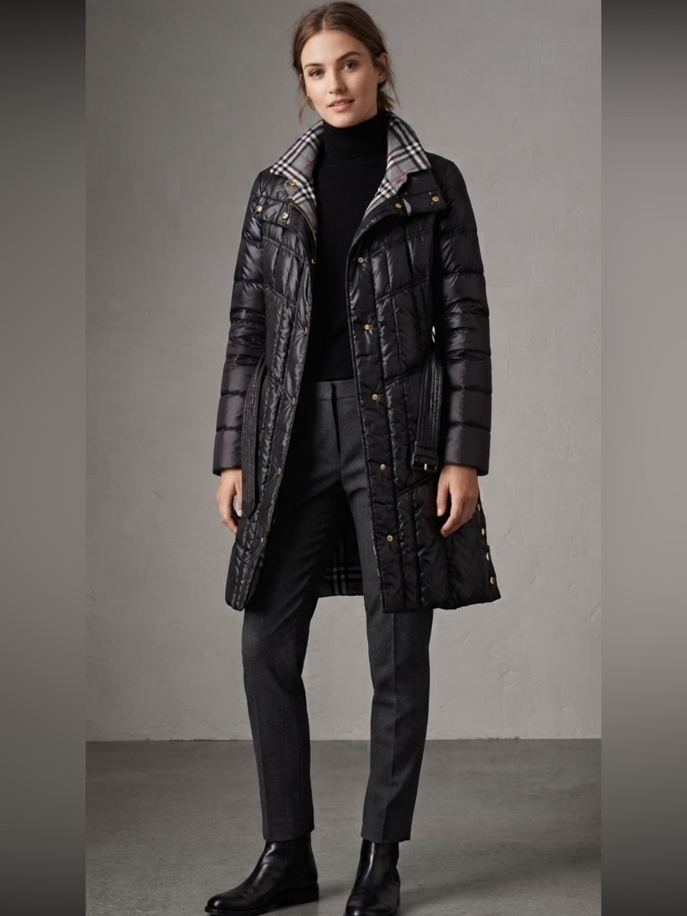 Black Quilted Long Duck Down Puffer Coat with Plaid Trim
